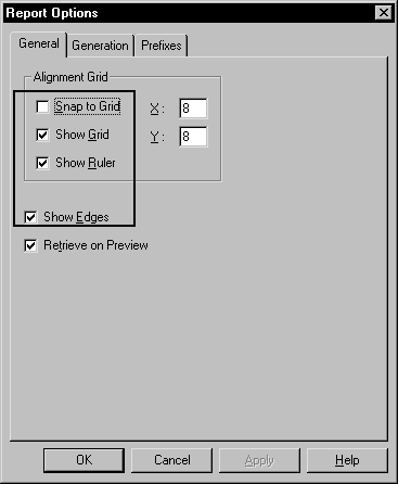 Shown is the General tab page of the Report Options property sheet. At top is a group box labeled Alignment Grid. It has a cleared check box for Sanp to Grid, selected check boxes for Show Grid and Show Ruler, and X and Y boxes with the value 8. Below the group box are selected check boxes for Show Edges and Retrieve on Preview.