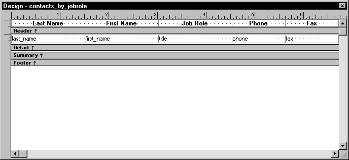 Shown is the Design view. Across the top is a ruler, and a grid of dots appears in the Header and Detail bands below it. Vertical lines mark off the edges of the controls.