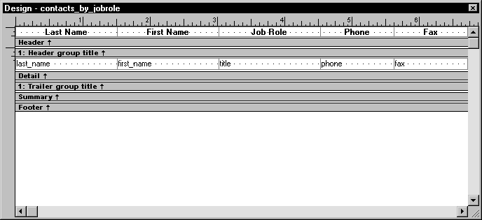 Shown is the  Design view for contacts _ by _ job role.  The text for the column headers is displayed across the top in the Header band, including Last Name, First Name, and so on. Next is a Header group title, then the Detail band, where the names of the columns appear in the positions where the data values will be displayed. Below this are a Trailer group title band and Summary and Footer bands.