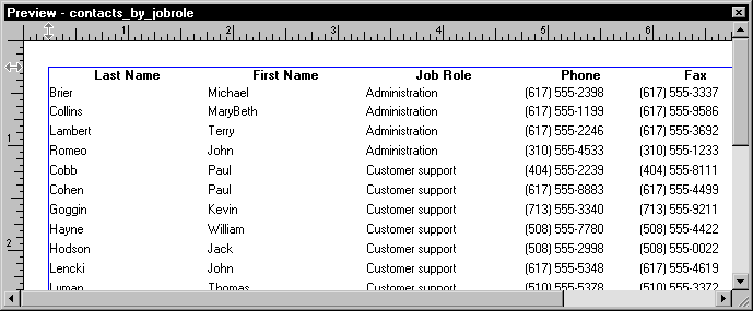 Shown is the Preview view for the report contacts _ by _ job role. It has columns labeled Last Name, First Name, and so on, and rows of data arranged in alphabetical order by last name.