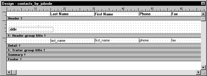 Shown is the  Design view for contacts _ by _ job role.  The text for the column headers is displayed across the top in the Header band in the order Last Name, First Name, Phone, and Fax. Next is the Header group title with a rectangle at left labeled title, then the Detail band with the columns last _ name, first _ name, phone, and fax in the positions where the data values will be displayed. Below this are unexpanded bands for Trailer group title, Summary, and Footer.