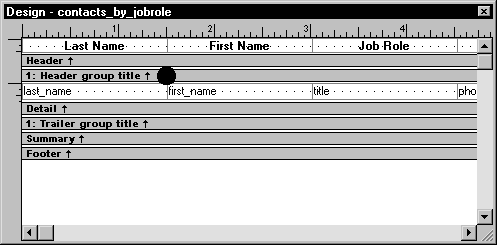 Shown is the  Design view for contacts _ by _ job role.  The text for the column headers is displayed across the top in the Header band. Below them is the Header group title band with a large black dot left of center. 