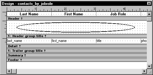 Shown is the  Design view for contacts _ by _ job role.  The text for the column headers is displayed across the top in the Header band. Below them is the Header group title band, which has been expanded to show a grid of five rows of dots.