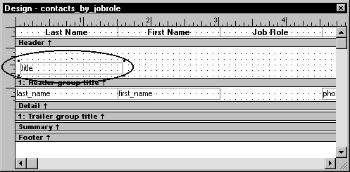 Shown is the  Design view for contacts _ by _ job role.  The text for the column headers is displayed across the top in the Header band. Below them is the Header group title band, which has been expanded to show a grid of five rows of dots. A rectangle at the left of the grid surrounds the word title.