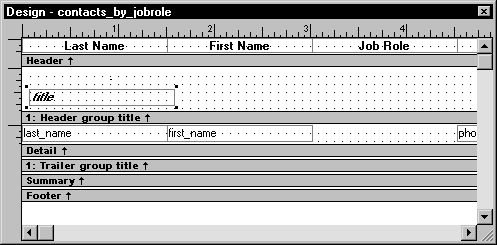 Shown is the  Design view for contacts _ by _ job role.  The text for the column headers is displayed across the top in the Header band. Below them is the Header group title band, which has been expanded to show a grid of five rows of dots. A rectangle at the left of the grid surrounds the word title, which displays in bold and italic type.