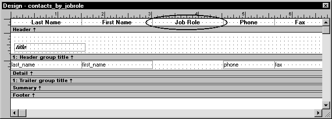 Shown is the  Design view for contacts _ by _ job role.  The text for the column headers is displayed across the top in the Header band. The Job Role text box is circled.