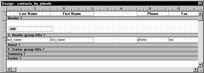 Shown is the  Design view for contacts _ by _ job role.  The text for the column headers is displayed across the top in the Header band. A blank area appears where the Job Role text box had been.