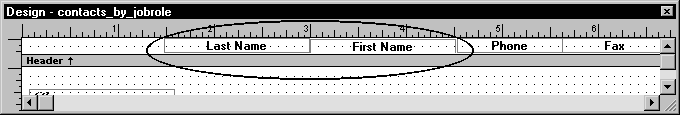 Shown is the Design view for contacts _ by _ job role.  The text for the column headers is displayed across the top in the Header band. The Last Name and First Name text boxes have shifted to the right, next to Phone and Fax.