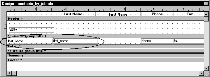 Shown is the  Design view for contacts _ by _ job role.  The text for the column headers is displayed across the top in the Header band. Below them are the columns in the detail band. The last _ name and first _ name columns are circled. Next to them is a blank area, then phone and fax.