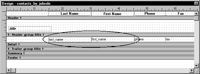 Shown is the  Design view for contacts _ by _ job role.  The text for the column headers is displayed across the top in the Header band. Below them are the columns in the detail band. The last _ name and first _ name columns are circled. They have been moved right to fill the blank area. Phone and fax are to their right.