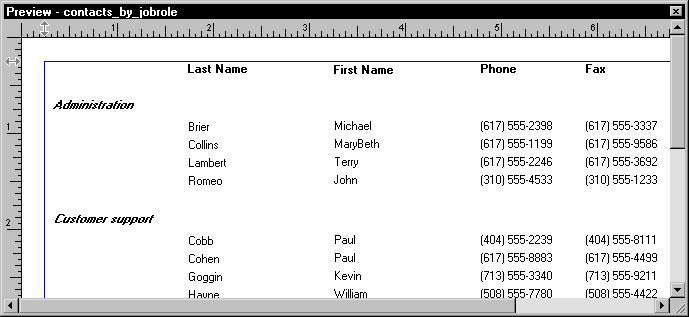 The Preview view shows the contacts _ by _ job role report with the changes that you made in the previous steps. The Job Role column is gone, the titles of the columns are bold and left justified, and they are aligned properly with the data in the rows.