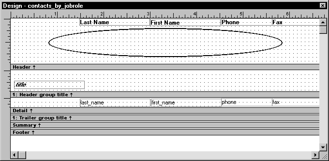 Shown is the  Design view for contacts _ by _ job role.  The text for the column headers is displayed across the top in the Header band, which has been expanded to show a grid of about ten rows of dots.