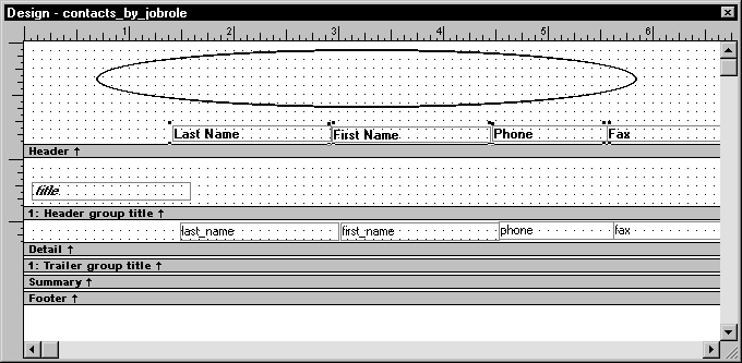 Shown is the  Design view for contacts _ by _ job role.  The text for the column headers is now displayed across the bottom of the Header band, which has been expanded to show a grid of about ten rows of dots.