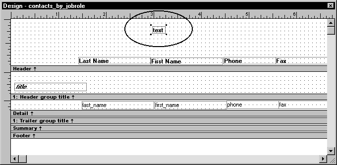 Shown is the  Design view for contacts _ by _ job role.  The text for the column headers is displayed across the bottom of the Header band. Above the First Name header, a rectangle with the word text is selected and circled. It is positioned one grid dot down from the top of the page.