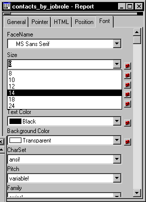 Shown is the Font tab page of the Properties view. At top is the Face Name drop down with M S Sans Serif selected. Next is the Size drop down with size 14 selected.