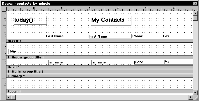 Shown is the  Design view for contacts _ by _ job role.  The date, title, and text for the column headers is displayed in the Header band. Next is a Header group title band, then the Detail band, where the names of the columns appear in the positions where the data values will be displayed. Below this are a Trailer group title band and Summary and Footer bands. The Footer band has been expanded to show a grid of four rows of dots.