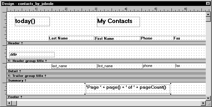 Shown is the  Design view for contacts _ by _ job role.  The Footer band has been expanded and it contains the computed filed ’ Page ’ + page ( )  + ’  of ’ _ page Count ( ) .