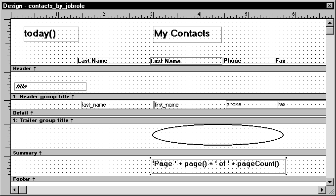 Above the Footer band at the bottom of the Design view is the Summary band, which has been expanded to show a grid of 6 rows of dots.