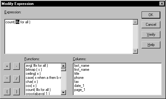 Shown is the Modify Expression dialog box with an Expression box at top that displays the expression count ( # x for all ). Below it are boxes listing Functions and Columns.