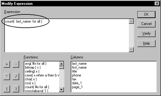 Shown is the Modify Expression dialog box with the Expression box at top displaying the expression count ( last _ name for all ). 