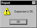 Shown is a message box titled Report with an exclamation point icon and the text "Expression is OK."