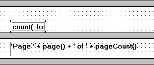 Shown is a section of the Footer band from the bottom of the Design view and above it is the grid of the Summary band. The computed field count ( last _ name for all ) is partially visible in the Summary band where the large black dot was positioned earlier in the lesson.