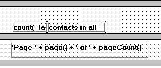 Shown is a section of the Footer band from the bottom of the Design view and above it is the grid of the Summary band. The computed field count ( last _ name for all ) is partially visible in the Summary band and to its right is the text " contacts in all ".