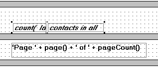 Shown is a section of the Footer band from the bottom of the Design view and above it is the grid of the Summary band. The computed field count ( last _ name for all ) is partially visible in the Summary band and the text contacts in all appears to its right. Both are in 10 point bold and italic type.