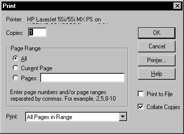 Shown is the Windows Print dialog box. It displays the selected printer, number of copies, page range, and which  pages in the range to print. At right are a cleared check box for print to file and a selected check box labeled Collated.