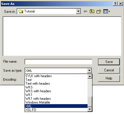 Shown is the Save as Type drop down list of the Save as dialog box. The type XML is highlighted.
