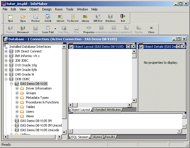 Shown is the default Database painter work space. Across the top are menu and power bars, then at left is a system tree. In the middle are Object Layout and Extended Attributes tabs. Object Layout is shown, and to its right is an Object Details area. Across the bottom of  is a set of tabs labeled I Sequel Session, Columns, and Results.