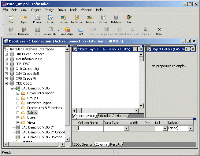 Shown at bottom right is the columns tab in which you define the columns in the table. It has a column for Column Name, a drop down for Data Type, then columns for Width and Dess, and drop downs for Null and Default.