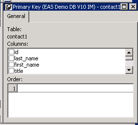 Shown is the Primary Key property sheet in the Object Details view. It displays the Table name contact 1 at the top, then a scrollable list of columns with check boxes you can select, and below that a box for displaying the Order of the selected columns.