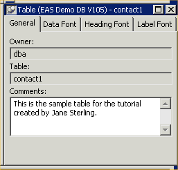 Shown is the General tab of the Table Properties property sheet in the Object Details view. It has a Comments box at the bottom with the sample text " This is the sample table for the tutorial created by Jane Sterling. "