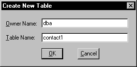 Shown is the Create New Table dialog box. It has a box for Owner Name with the entry d b a and a box for Table Name with the entry contact 1.