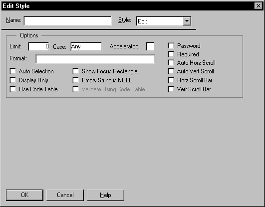 Shown is the Edit Style dialog box. It has a Name text box and Style drop down at the top, then an options group box with boxes for Limit, Case,  Accelerator, and Format, and many check boxes for various options.