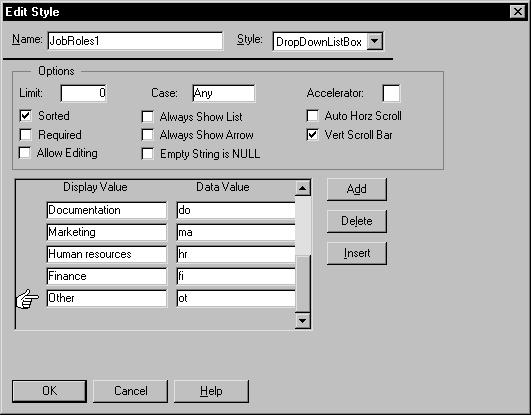 Shown is the Edit Style dialog box with the Display and Data Values fields in the middle of the screen showing the values listed in the table that precedes this illustration.