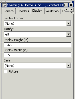 Shown is the Display tab of the Objects Details view. It has a drop down for Display Format set to None and a justify drop down set to left. Next are a Display Height text box with the entry 0 point 1 6 6 and a Width box with the entry 1 point 5. Last are a Case drop down set to None and a cleared check box labeled Picture.