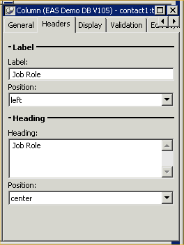 Shown is the Headers tab of the Objects Details view. It displays a group box titled Label with the entry Job Role in a Label text box, and a Position drop down set to left. Next is a Heading group box with a scrollable Heading box sshowing the entry Job Role and a Position drop down set to center.