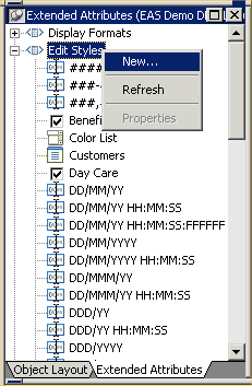 Shown is an expanded tree view in the Extended  Attributes. The Edit Style entry is highllighted and its pop up menu has the New option selected.