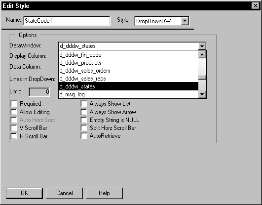 Shown is the Edit Style dialog box. It has the entries State Code 1 for Name and Drop Down D W for Style. The Data Window drop down at the top of the Options group box displays a list of choices, and highlighted is the entry d _ d d d w _ states.