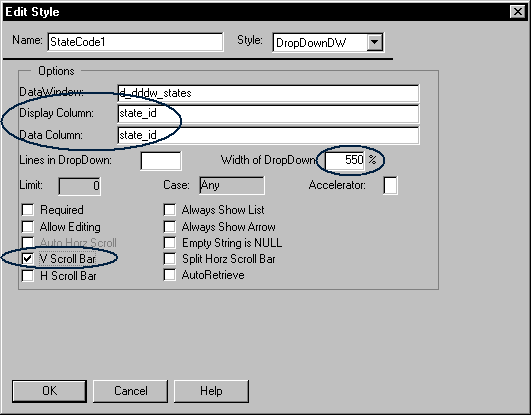 Shown is the Edit Style dialog box. It has the entries State Code 1 for Name and Drop Down D W for Style. In the Options group box are the entries d _ d d d w _ states for Data Window, state _ i d for Display Column, and state _ i d for Data Column. The Width of drop down text box has the etnry 550 %, and the V Scroll Bar check box is checked.