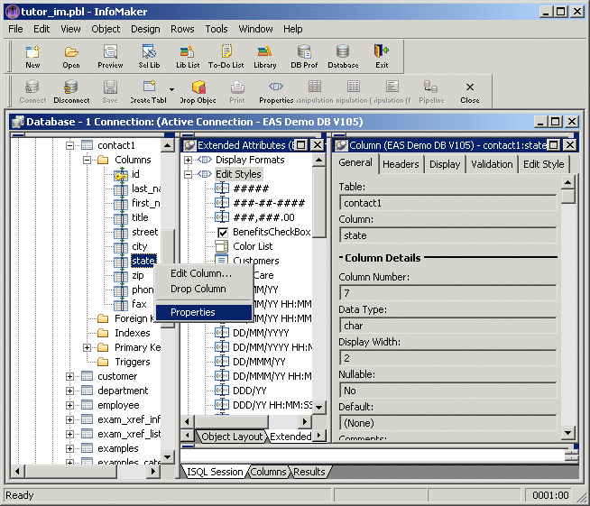 Shown is the database painter with the tree view at left expanded under contact 1 and the columns folder to show the highlighted state column. A pop up menu offers the options Edit Column, Drop Column, and Properties.