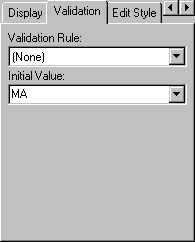 Shown is the Validation tab of the Column Properties view. It shows a drop down list for Validation Rules with the entry ( None ) and a drop down for Initial Value with the entry M A.