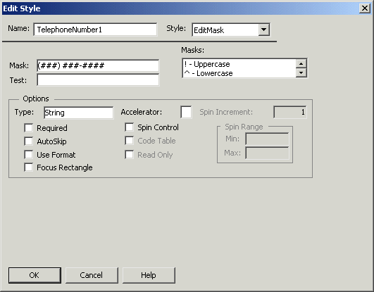 Shown is the Edit Style dialog box. It has a Name text box entry of Telephone Number 1, a Style drop down set to Edit Mask, and a Mask box with the entry ( # # # ) # # # - # # # #.