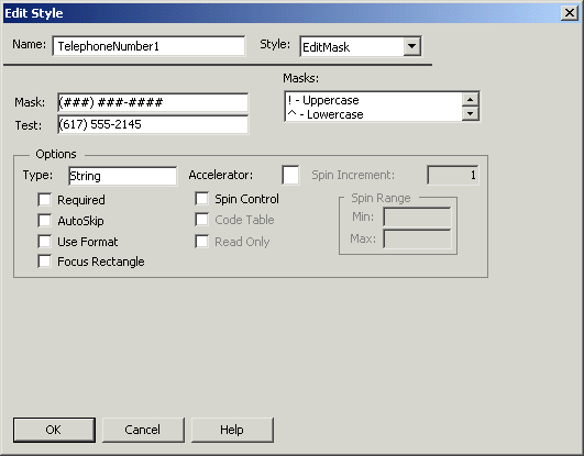 Shown is the Edit Style dialog box with the same entries as in the previous illustration plus the new entry 6 1 7 5 5 5 2 1 4 5 in the box labeled Test.