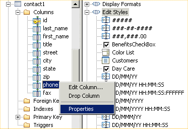 Shown at left is the expanded Objects view for contact 1. Under its columns folder is the highlighted item phone and a pop up menu with Edit Column and Drop Column options and a Properties option that is highlighted.