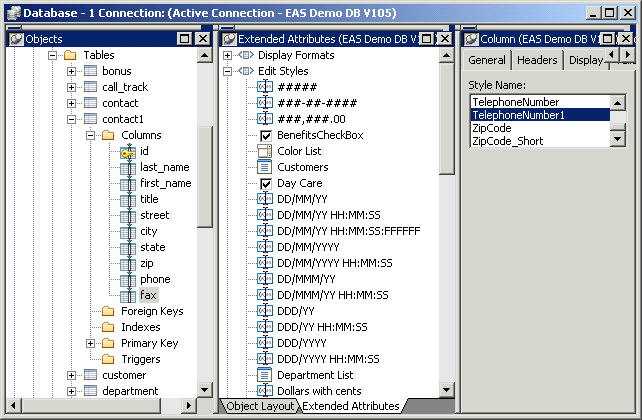 Shown is the Database Painter with the fax column selected in the tree view at left, Edit Styles selected in the Extended Attributes view in the center, and the Edit Style tab displayed in the Object Details view at the left, with the Telephone Number 1 Style Name highlighted. 