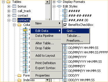 Shown is the Database Painter with the contact 1  selected in the tree view at left and a pop up menu with Edit Data > Grid selected