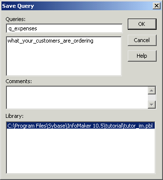 Shown is the Save Query dialog box with the entry q _ expenses in the Queries box at the top.